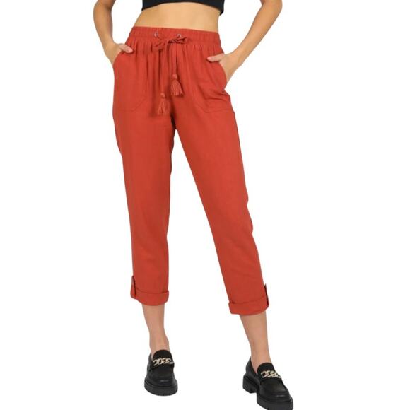 Sound/Style Linen Blend Cropped Casual Pants Rust Orange Womens Large - Picture 1 of 5